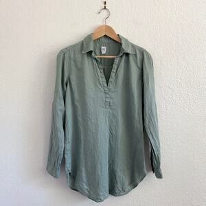 Gap Linen Popover Tunic Sage‎ Green V-Neck Collar Long Sleeve Lightweight Top